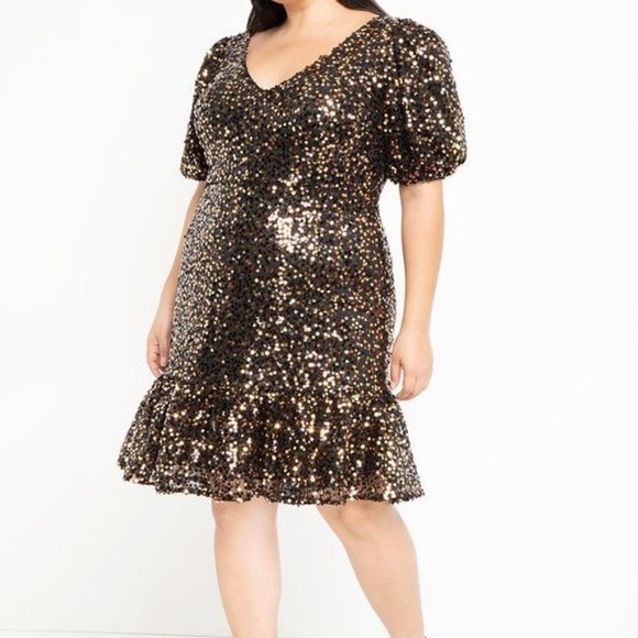 Eloquii Dresses & Skirts - Eloquii Puff Sleeve Sequin Dress with Flounce
